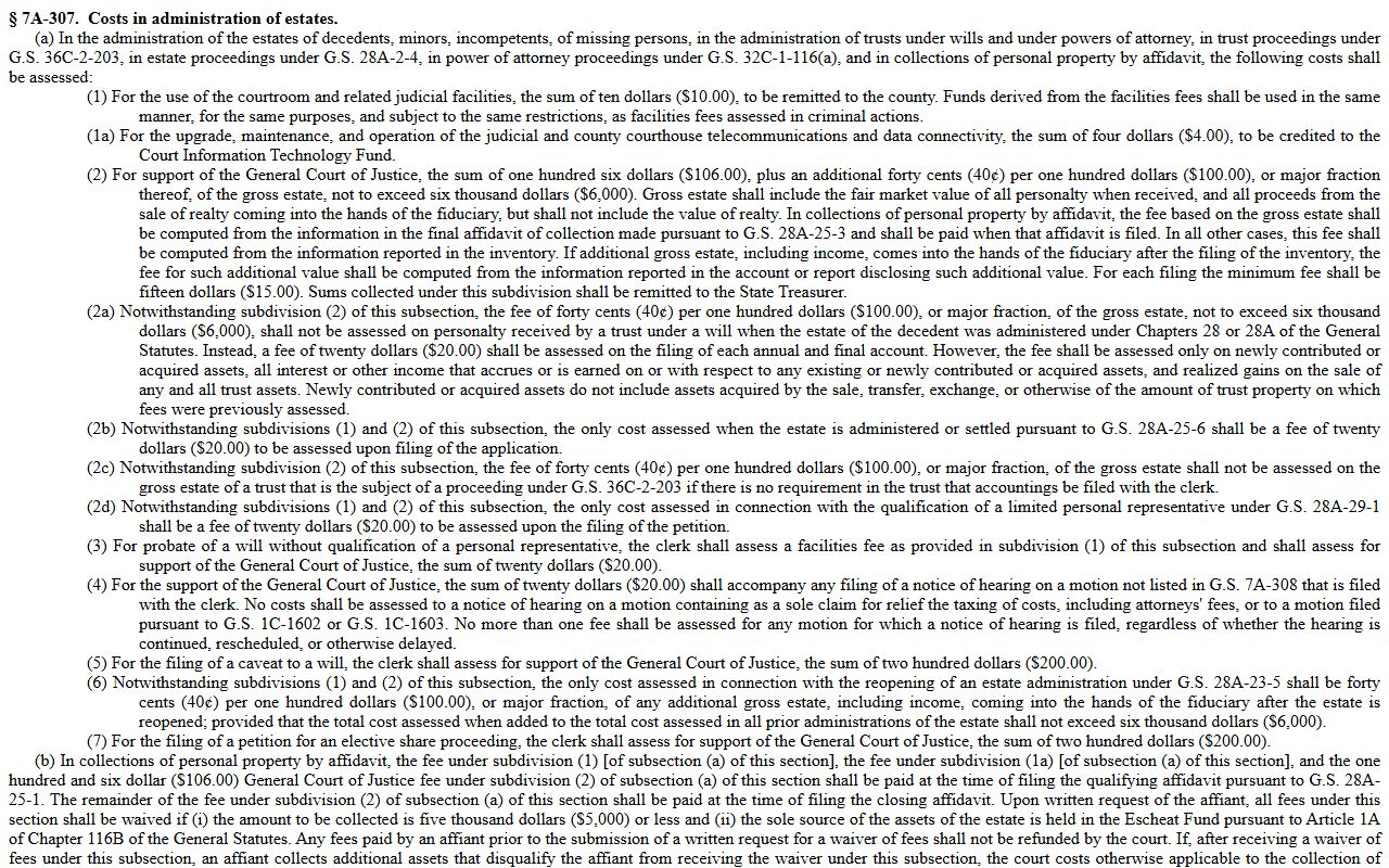 North Carolina General Statutes 7A-307 estate costs and fees