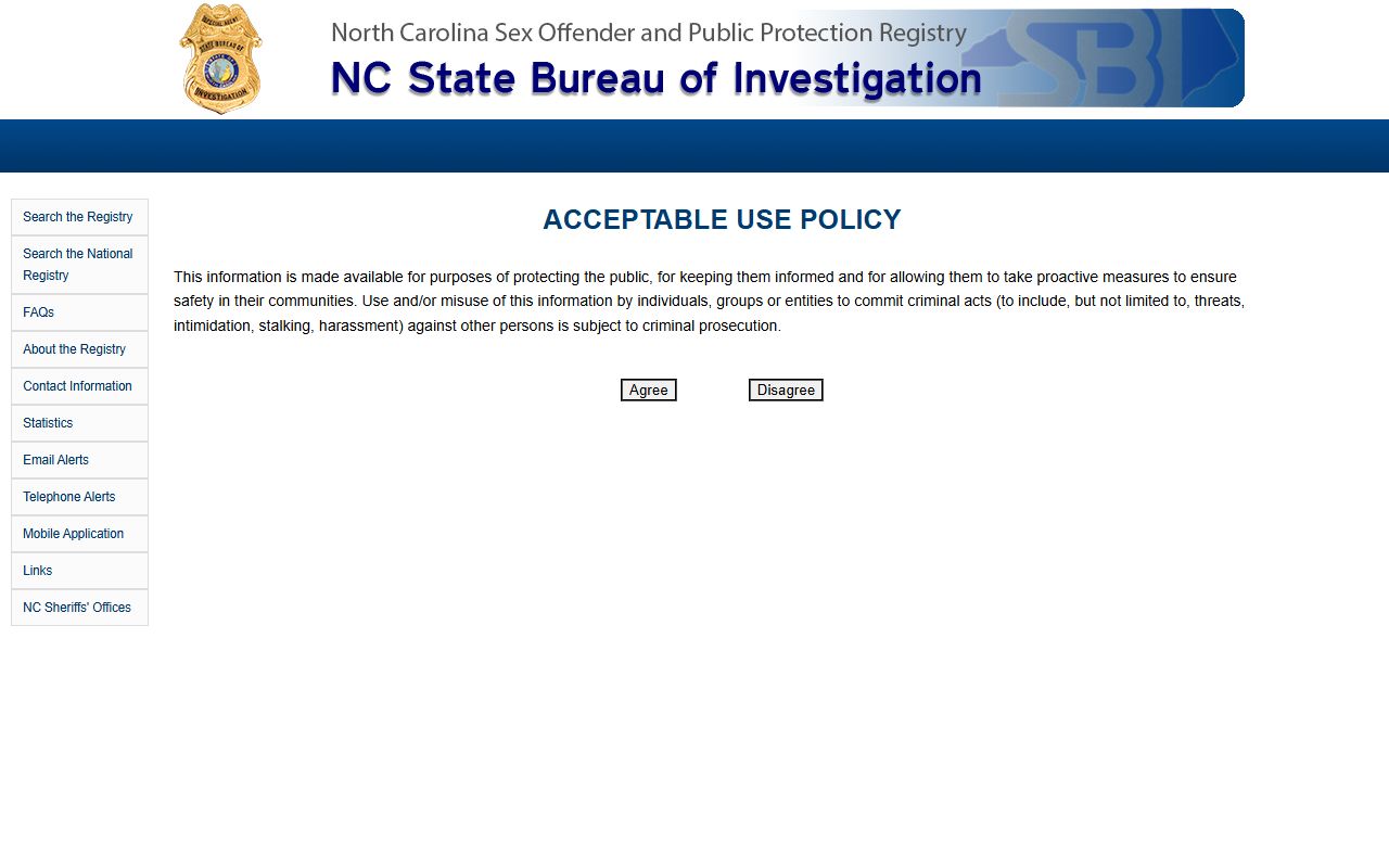 North Carolina State Bureau of Investigation sex offender registry search page